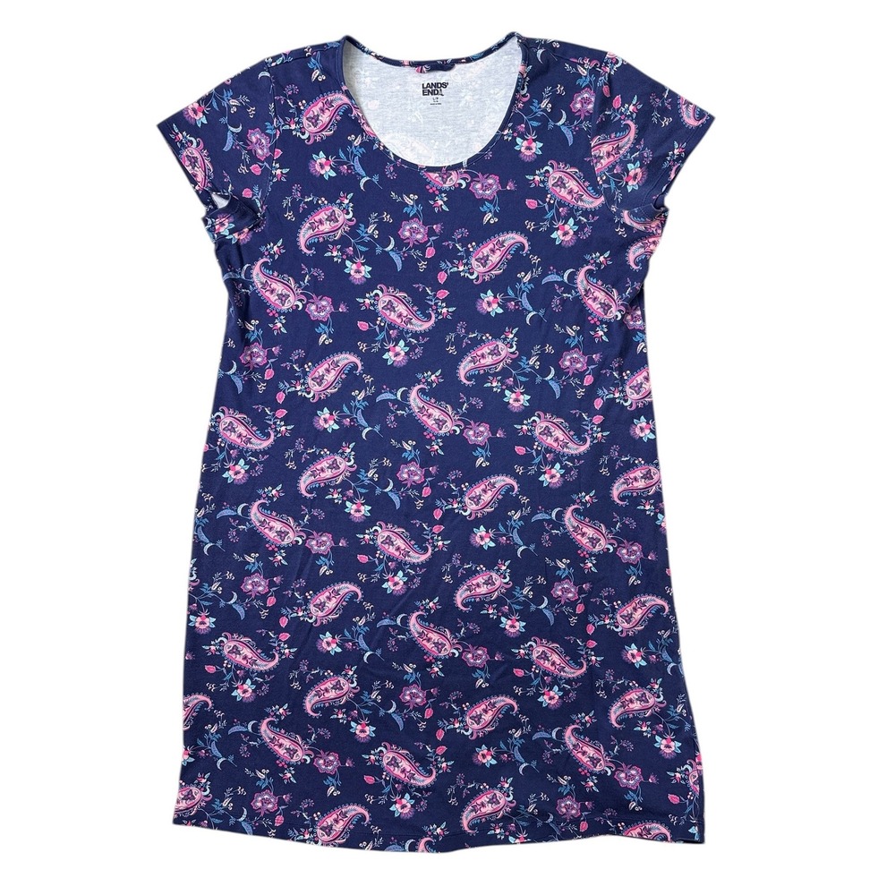 Lands End Womens L Petite Dress Cap Sleeve Paisley Cotton Navy Pink Casual